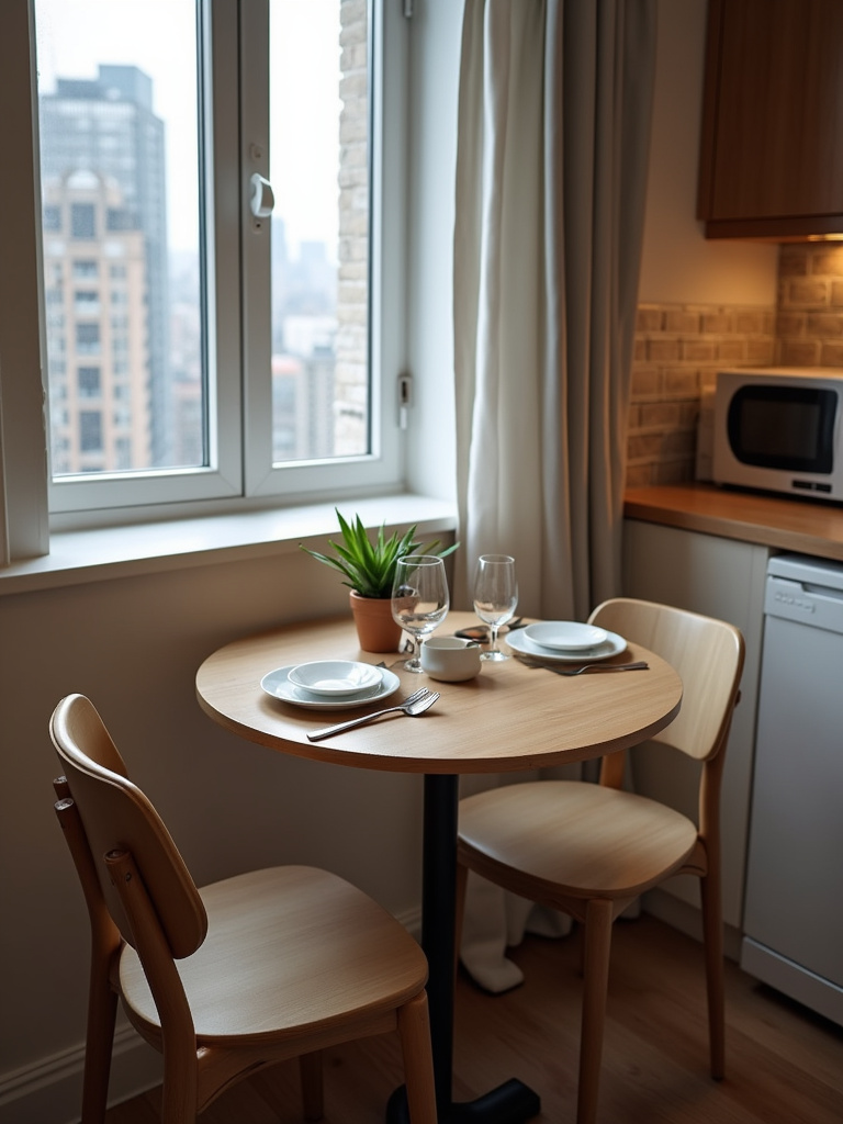Compact round kitchen table in a small urban apartment kitchen set for two.