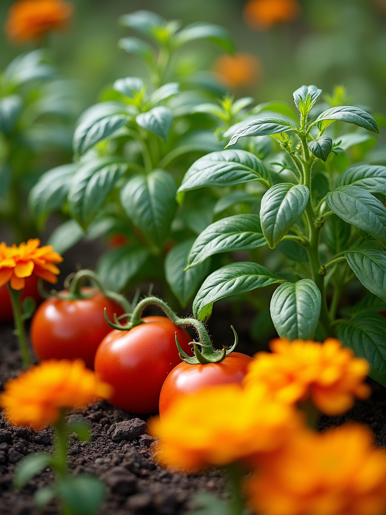 Vegetable garden bed showcasing companion planting with tomatoes, basil, and marigolds growing together.