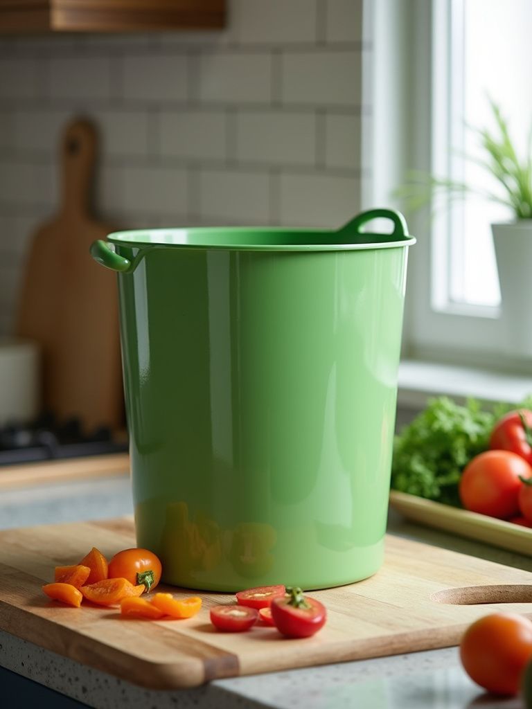 Stylish green countertop compost bin in a modern kitchen setting with vegetable scraps