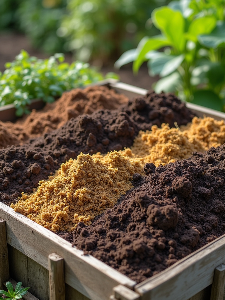 Compost bin in a garden, showcasing layers of composting materials and finished compost being used to enrich garden soil.