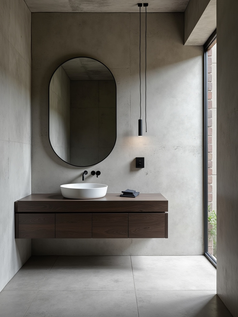 Minimalist bathroom with concrete-effect walls and surfaces for a textured and modern look.