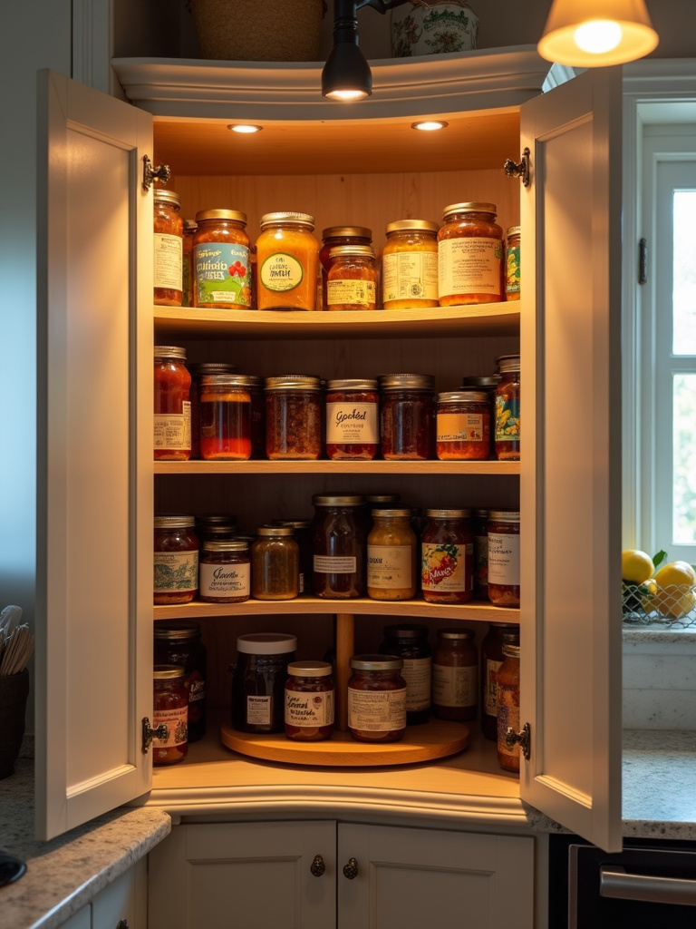 “Wooden Lazy Susan inside a corner kitchen cabinet, displaying organized jars of preserves and canned goods, maximizing corner cabinet storage.”