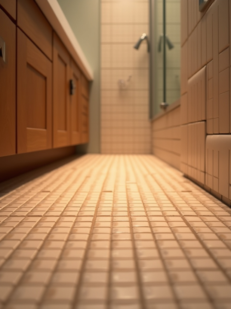 A bathroom floor with tile and underfloor heating, showing warm tones and soft directional lighting.