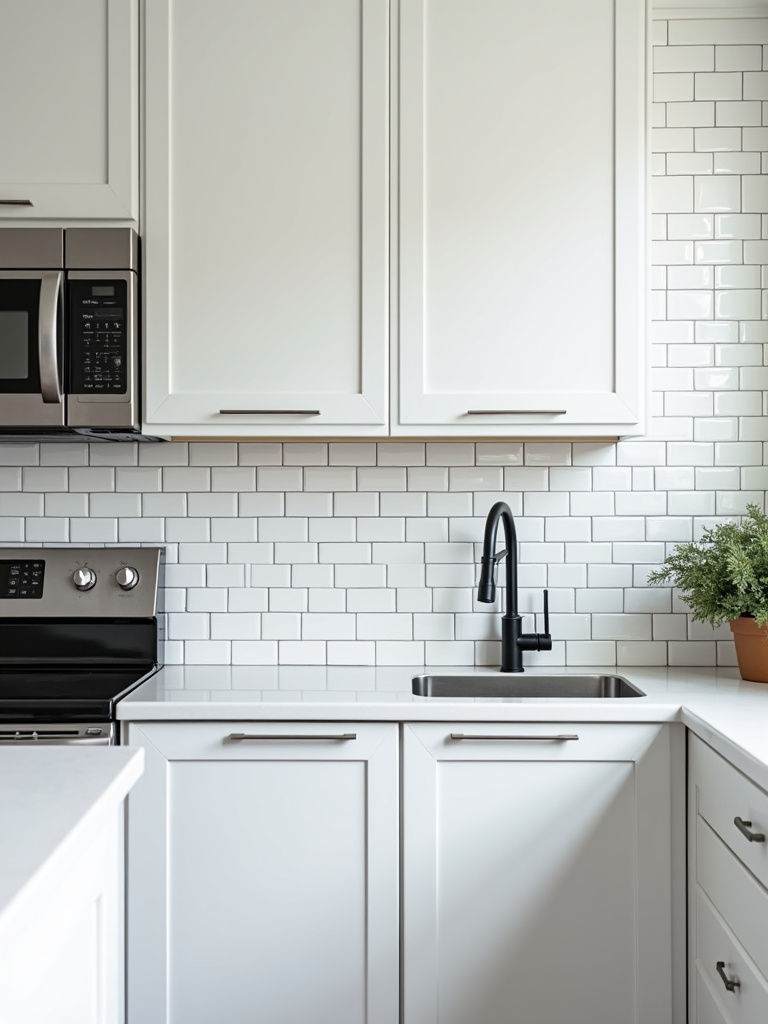 “Modern kitchen with white square ceramic tiles and black contrasting grout on the backsplash, sleek white cabinets, and stainless steel appliances.”