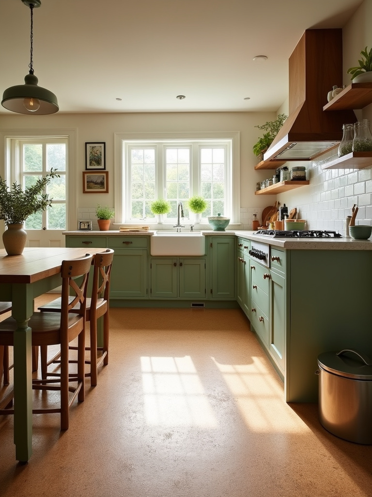 Warm kitchen with cork flooring, sage green cabinets, and a farmhouse sink in soft natural light