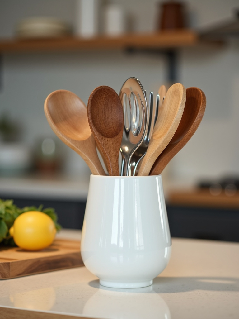 “White ceramic utensil holder on a kitchen countertop, filled with wooden and stainless steel cooking utensils, keeping frequently used tools organized and accessible.”