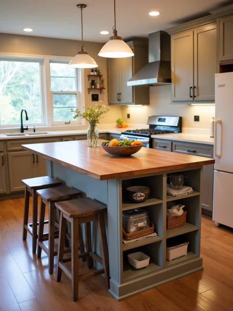 Counter height kitchen table with built-in storage in a casual open-plan kitchen.
