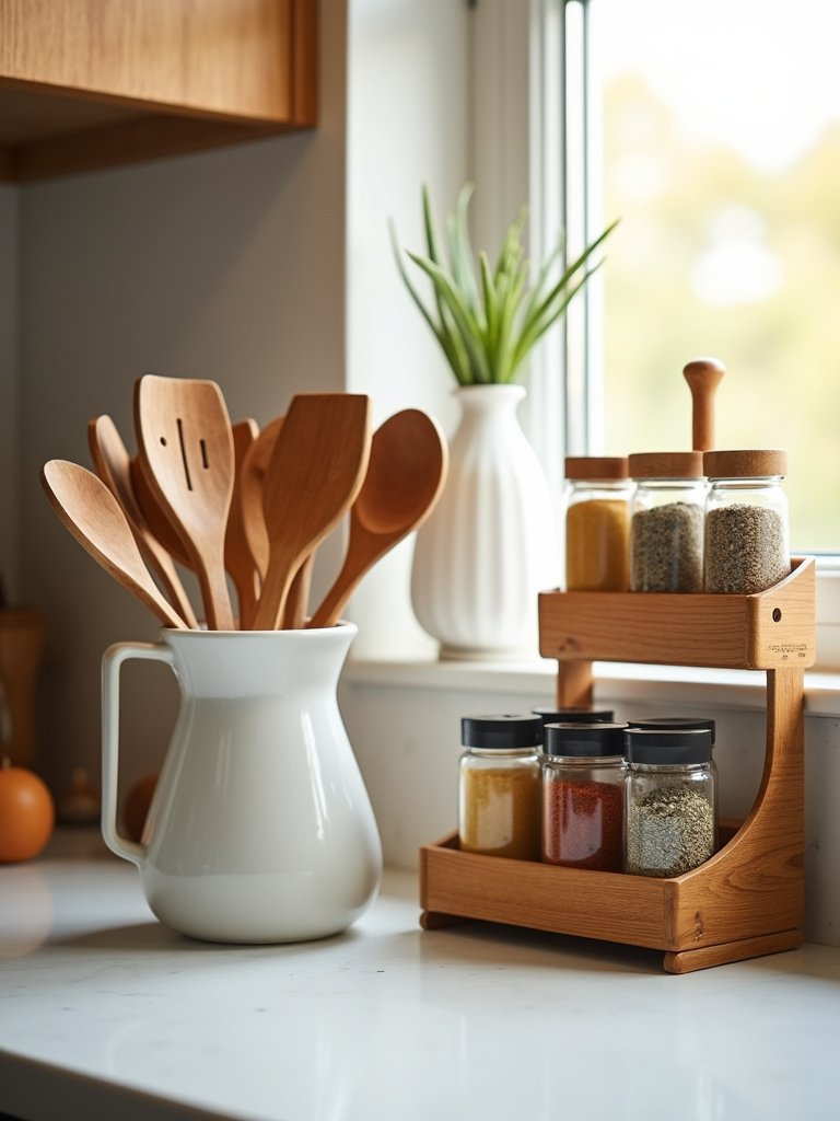 Stylish countertop command center in an apartment kitchen, featuring a utensil holder and spice rack, organizing essentials while adding decorative flair.