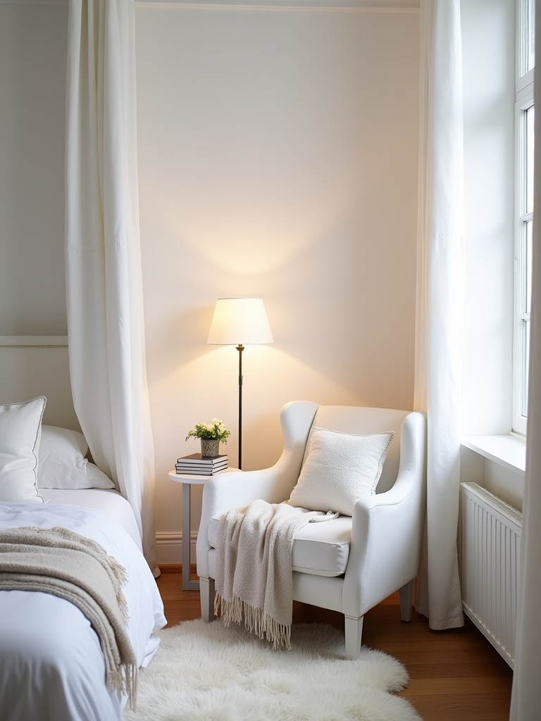 Cozy white bedroom reading nook with armchair, lamp, and soft textiles.