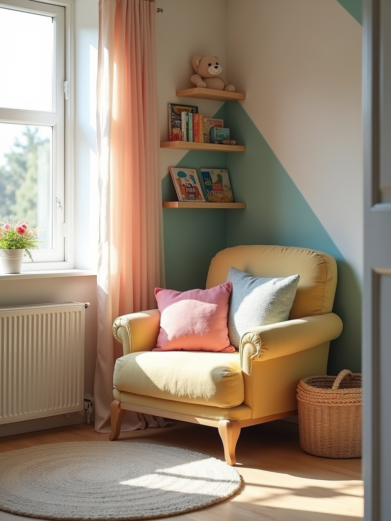 Cozy reading nook in a kids bedroom with armchair and bookshelf.