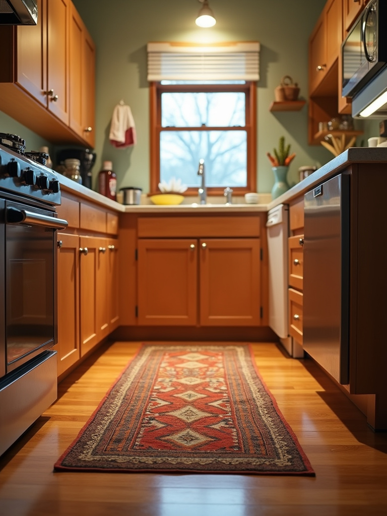 Apartment kitchen floor featuring a colorful runner rug in front of the sink, adding warmth, texture, and defining the kitchen zone.