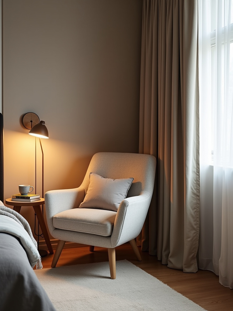 Modern bedroom with a cozy reading nook featuring an armchair, lamp, and books.