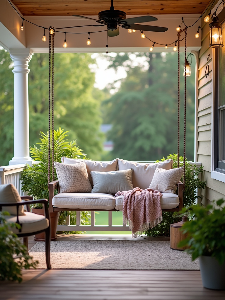 A professionally styled back porch with a comfy swing, plants, and string lights.