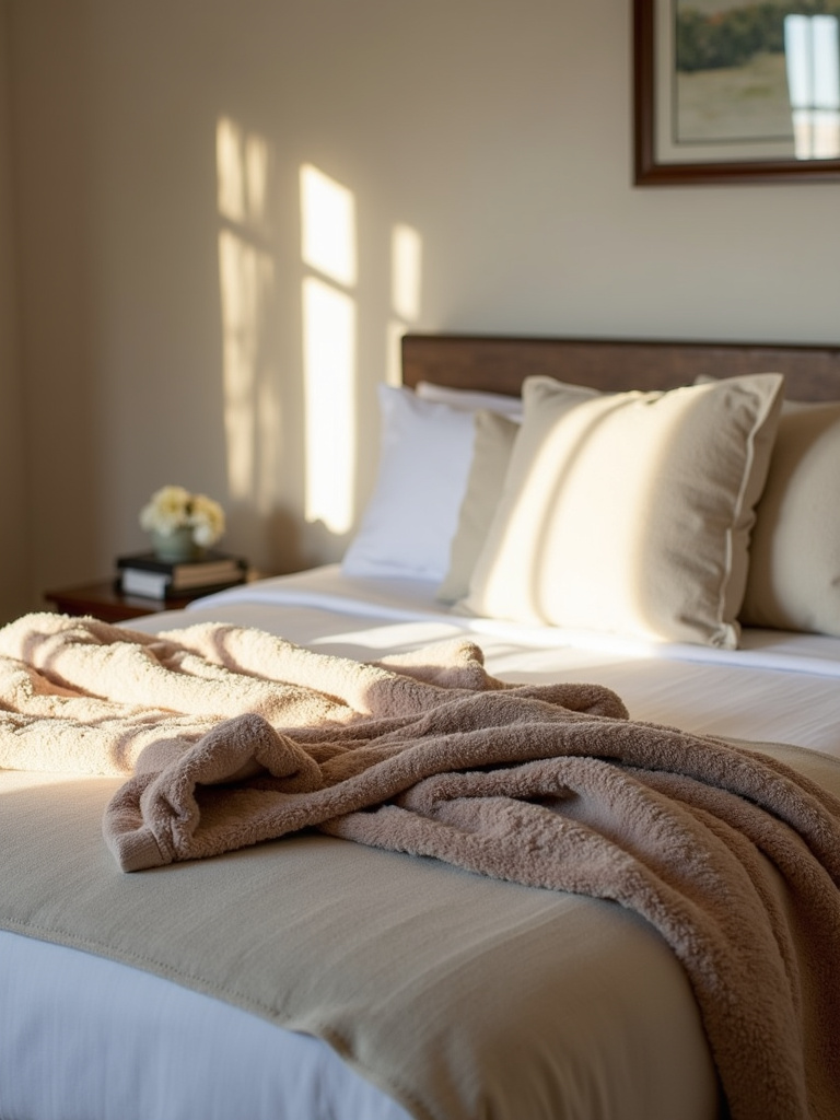 A cozy throw blanket is elegantly folded at the foot of a beautifully made bed.