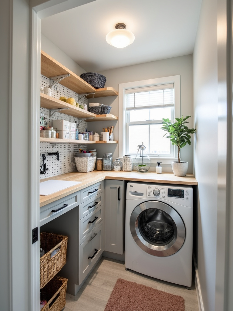 A multi-purpose laundry room incorporating a craft corner with organized craft supplies and a dedicated workspace, showcasing a creative and functional design.