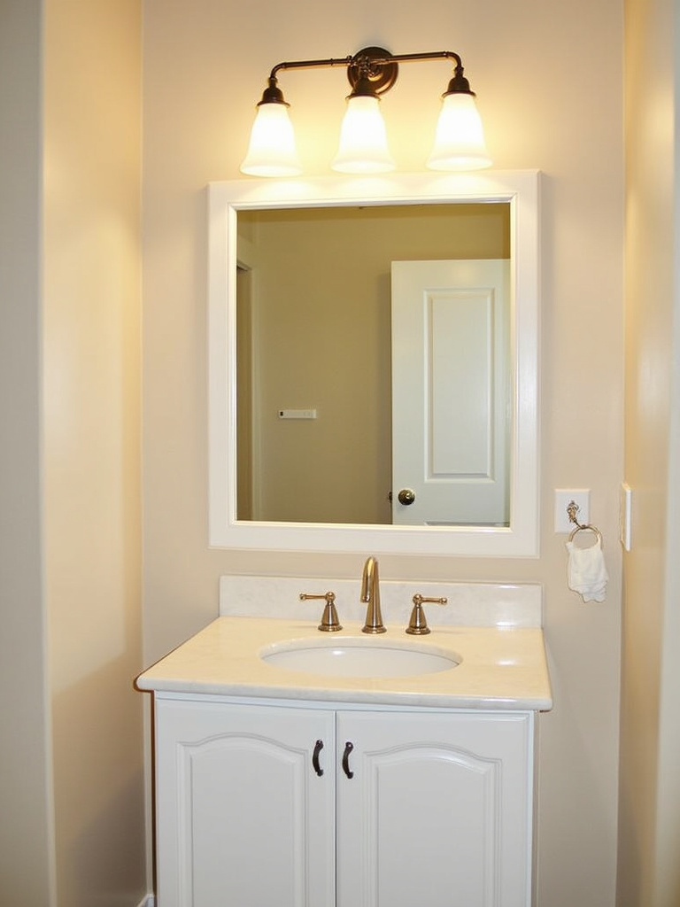 Transitional bathroom with decorative wall sconces featuring frosted glass shades flanking a mirror, creating warm ambiance as wall decoration.