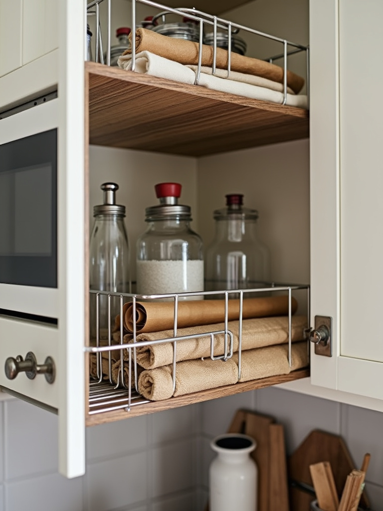 “Metal wire under-shelf baskets attached to kitchen cabinet shelves, holding wraps, foils, and kitchen linens, creating extra storage space beneath the shelves.”