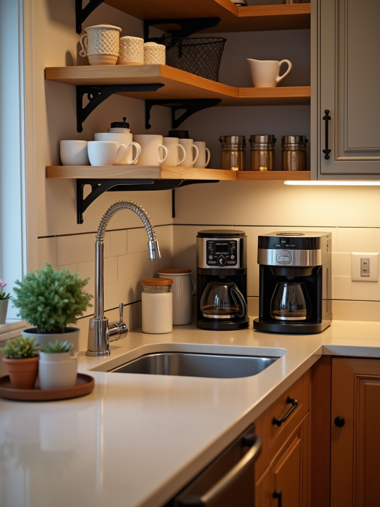 A kitchen featuring a beautifully organized coffee station.