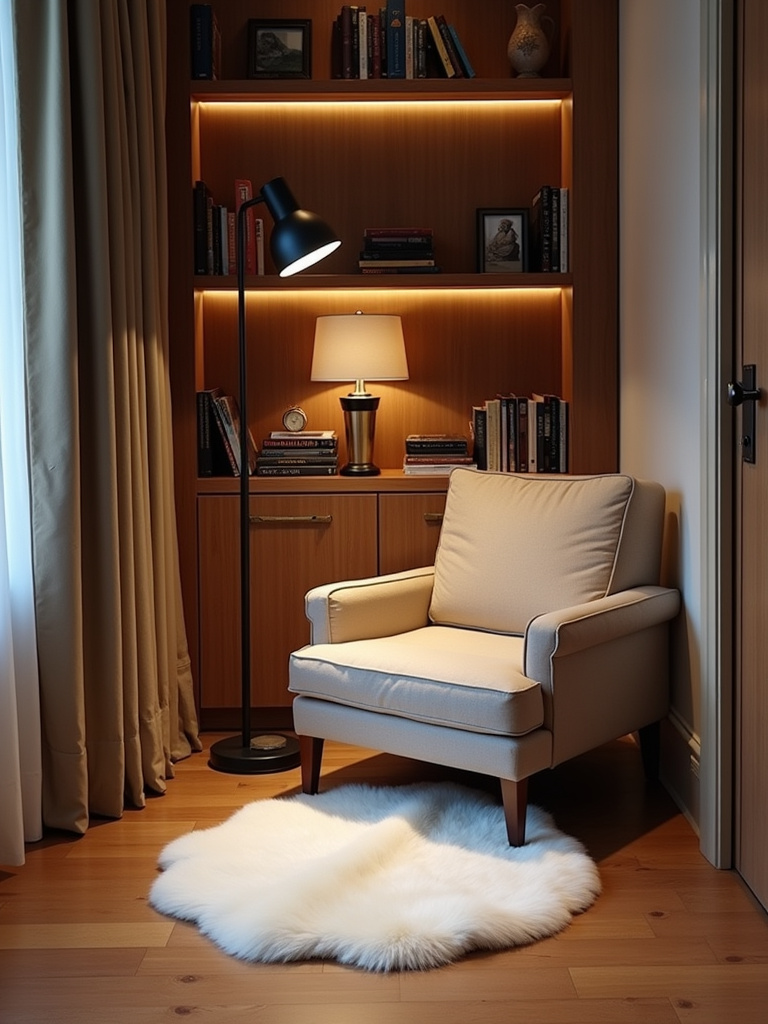 Cozy living room nook defined by a small round sheepskin rug, armchair, and floor lamp.