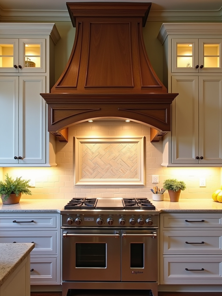 Decorative custom wood range hood as a focal point in a traditional kitchen.
