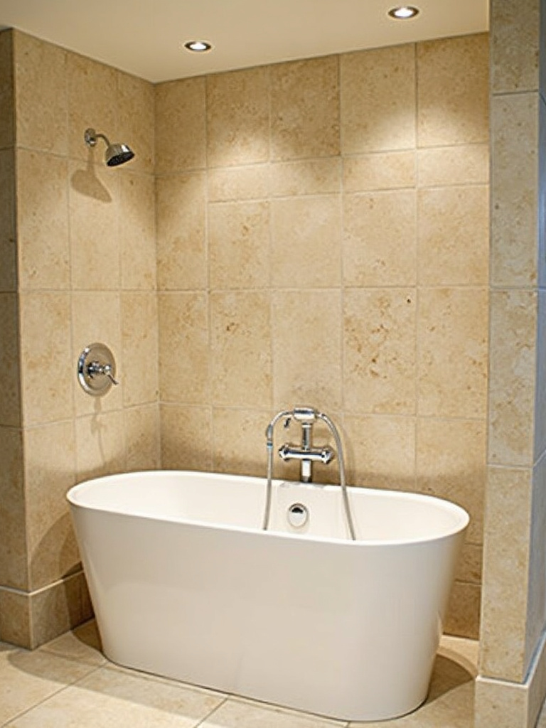 Spa bathroom featuring natural stone wall tiles made of honed travertine covering the shower walls and bathtub surround, creating a serene and spa-like wall decoration.