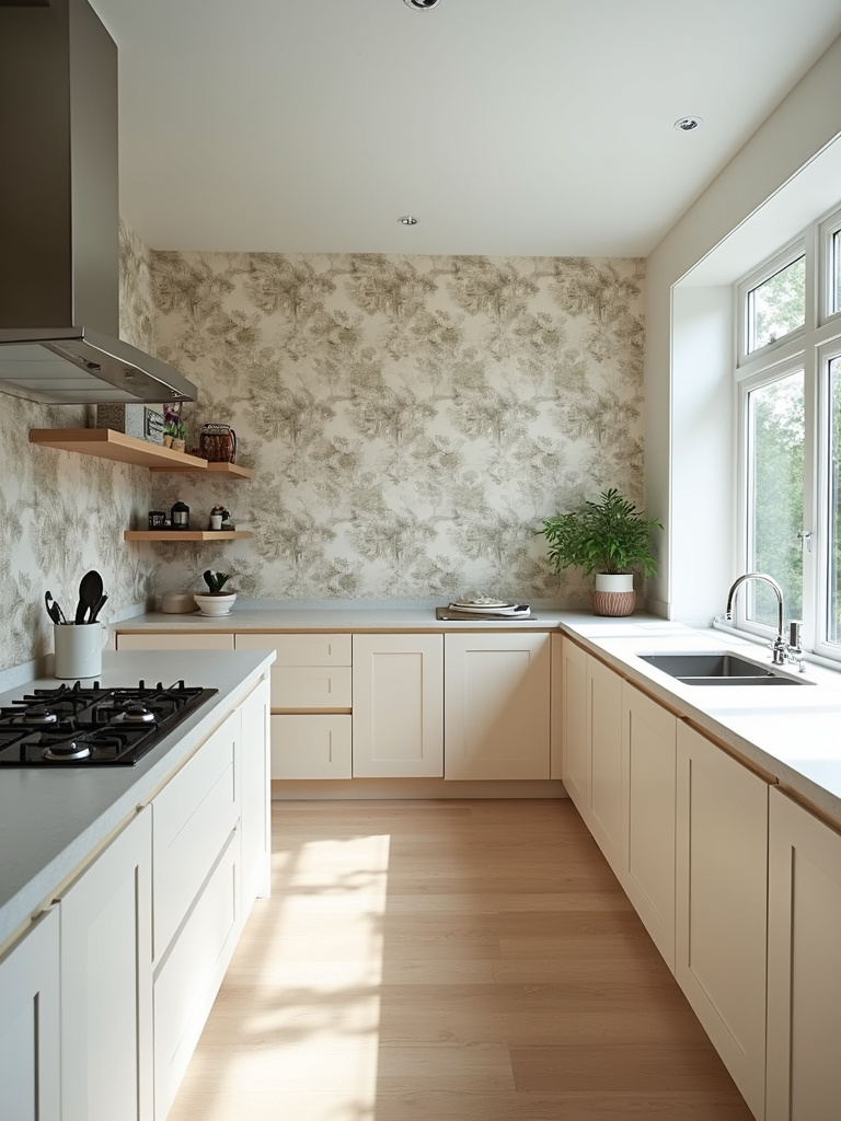 A bright kitchen featuring a statement wall with a unique wallpaper.