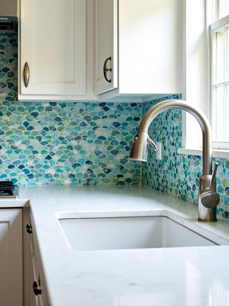“Colorful kitchen with a custom glass mosaic tile backsplash in blue, green, and white abstract wave pattern, white cabinets, and stainless steel faucet.”