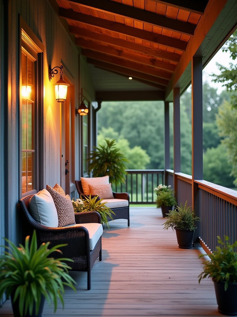 A creatively decorated back porch wall with unique outdoor artwork and lighting.
