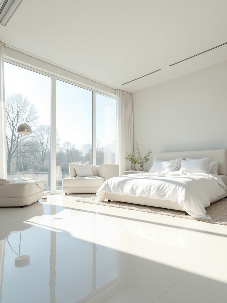 Bright and minimalist white bedroom with clean lines and strong natural light.