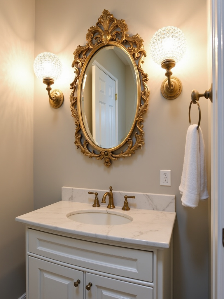 Glamorous powder room with crystal globe vanity sconces adding sparkling accents and elegance.