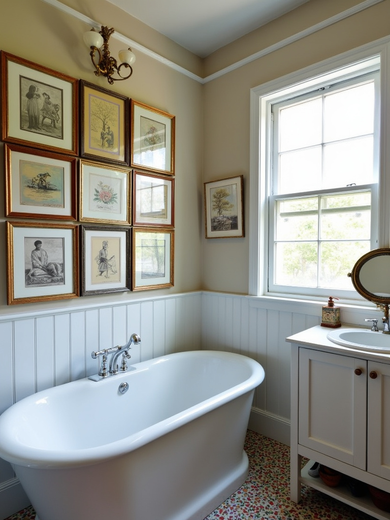 Eclectic bathroom featuring a gallery wall of framed art prints above the bathtub and a vintage mirror.