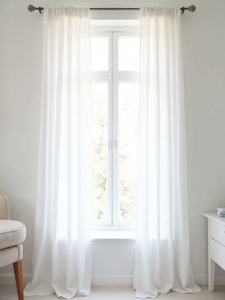 White bedroom window with sheer white curtains softly diffusing natural light.