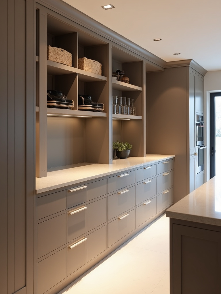 Close up image of a modern luxury kitchen displaying custom built in storage cabinets in a sleek, modern design.