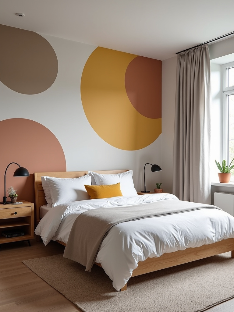 A unique bedroom featuring personalized custom geometric wallpaper in bold color tones, accompanied by minimalist wood furniture, and illuminated with soft natural light.