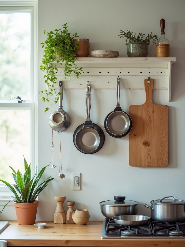 “White wooden kitchen pegboard mounted on a wall, organizing kitchen utensils, pots, pans, and cutting boards using hooks and small shelves, creating customizable and visible storage.”