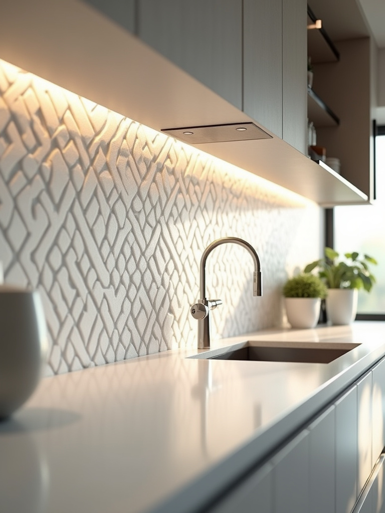 A chic modern kitchen featuring a textured 3D backsplash, showcasing its three dimensional visual texture, and visual effects.