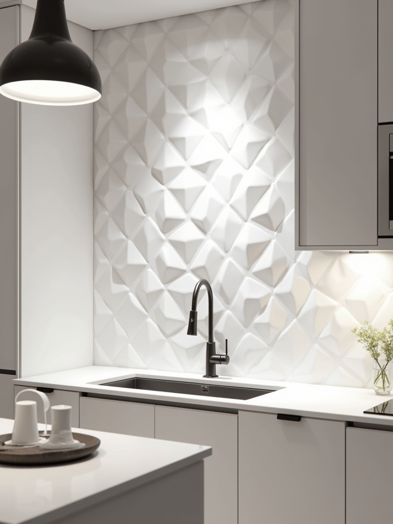 “Contemporary kitchen with a white 3D geometric tile accent wall, minimalist white cabinets, and stainless steel fixtures.”
