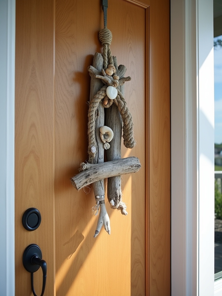 A rustic wooden front door with a unique DIY driftwood and shell door hanger.