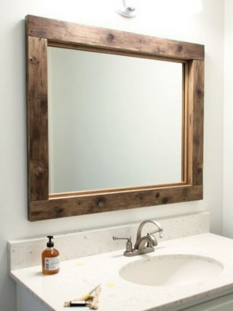 DIY bathroom mirror frame project using reclaimed wood, showcasing a personalized and rustic design.