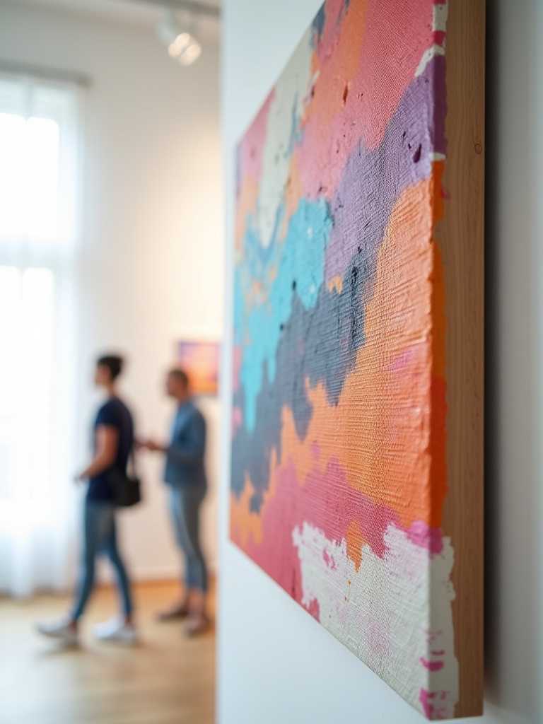 Unique DIY painted canvas abstract art, showing creative textures, colours, light with bold, and modern tones and shapes, with a neutral background and focus on the art.