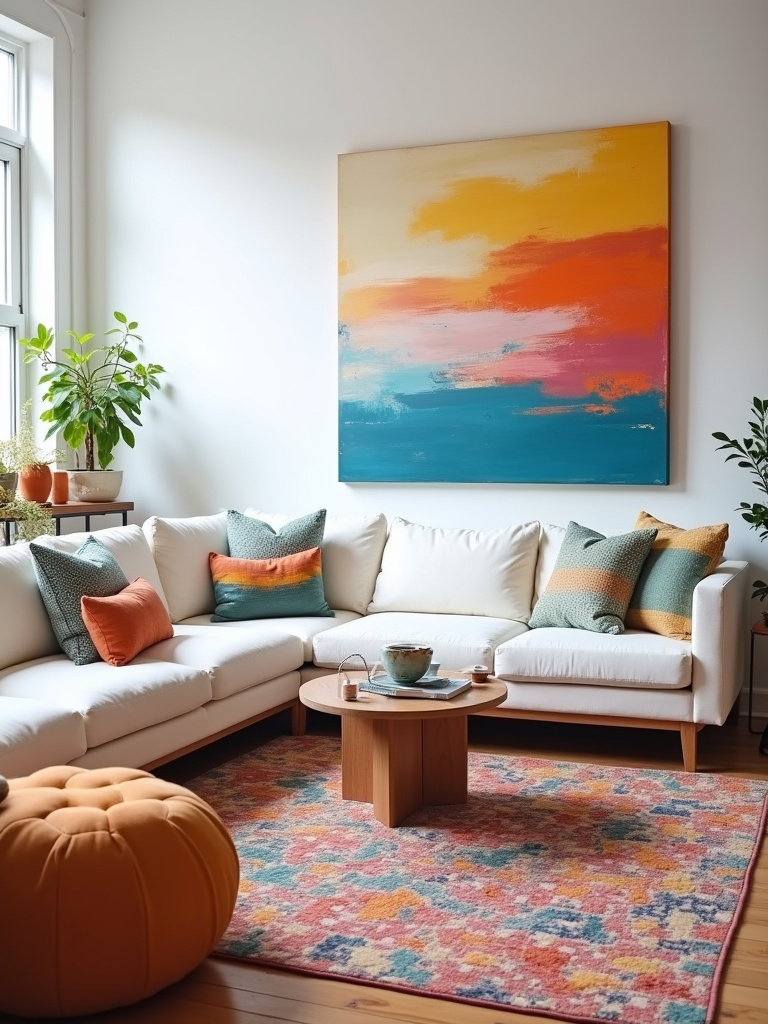 Bright and creative living room with a large DIY abstract painted canvas on the wall and art supplies on a side table.