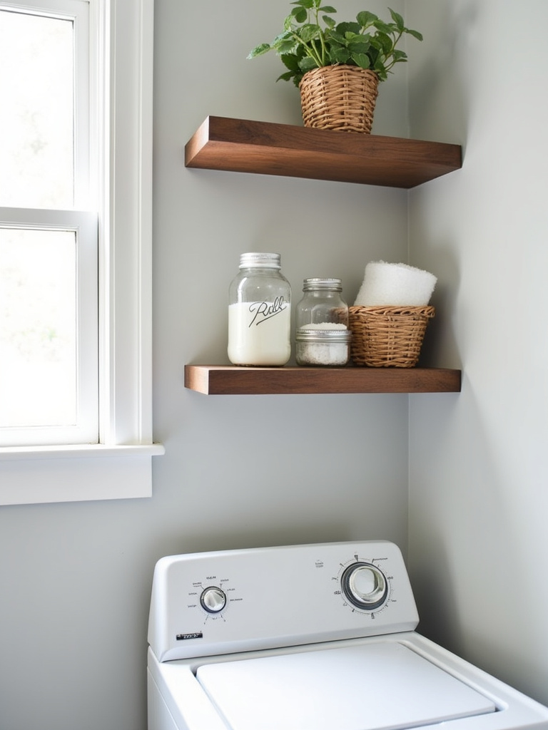 A budget-friendly laundry room featuring DIY wooden floating shelves, demonstrating a cost-effective and stylish storage solution.