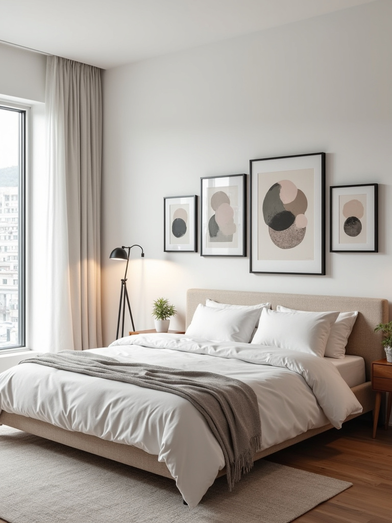 Bedroom with a DIY abstract art gallery wall above the bed.