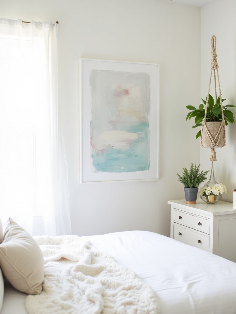 White bedroom featuring DIY decor elements like painted art and repurposed furniture.