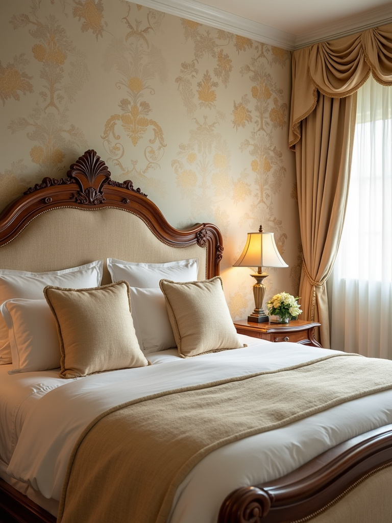 A luxurious bedroom with a cream and gold damask patterned wallpaper, featuring a classic style wood bed, enhanced with the light of a traditional bedside lamp.