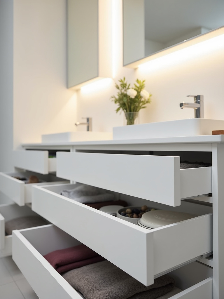Minimalist vanity with open drawers revealing organized hidden storage.