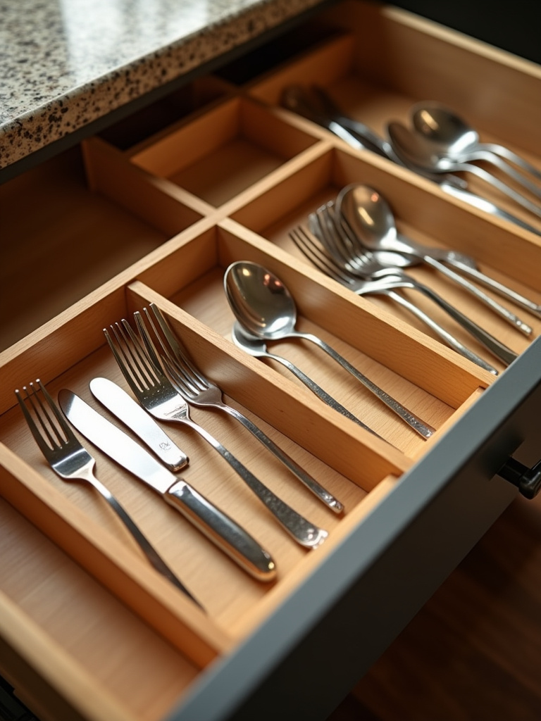 “Wooden expandable drawer dividers organizing silverware – forks, knives, and spoons – in a kitchen drawer, creating a neat and functional utensil storage solution.”