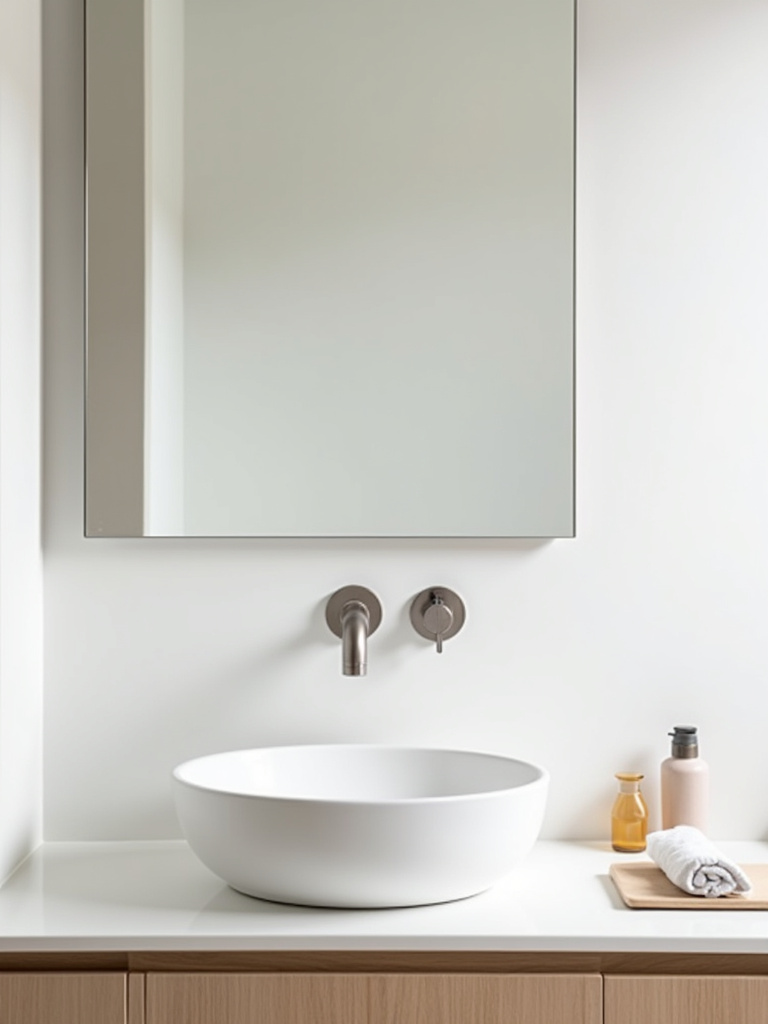 Minimalist bathroom with a clean and decluttered white countertop, embodying the “less is more” principle.