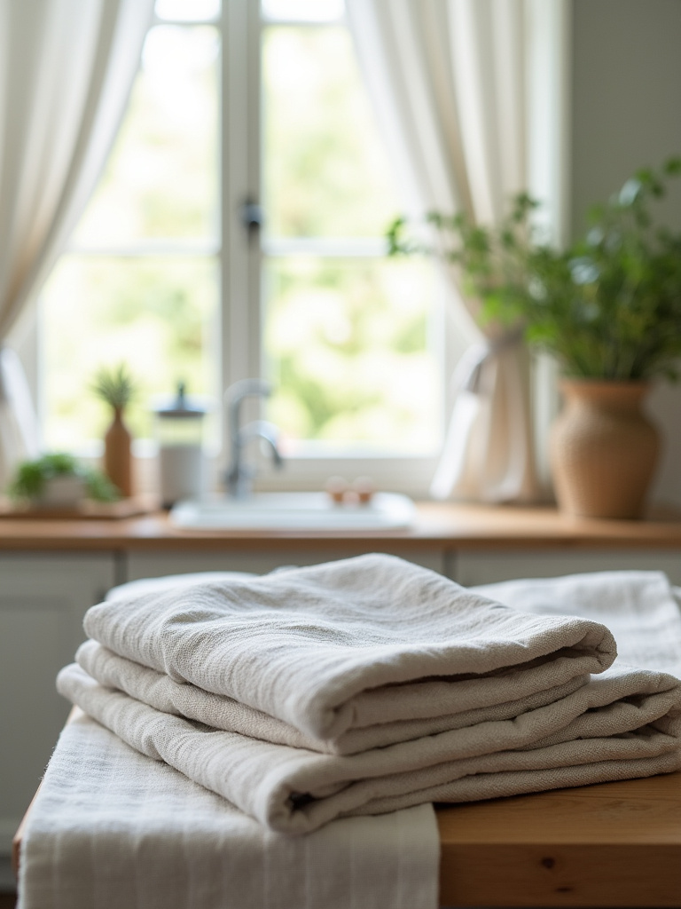 Classic linen kitchen towels and cotton window curtains in a traditional kitchen.