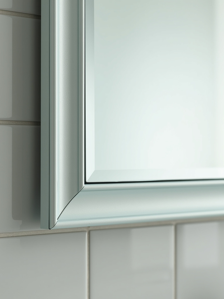 Bathroom mirror with a beveled decorative edge, adding subtle elegance and light reflection.